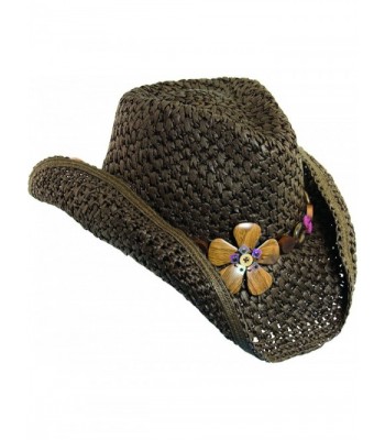 Dorfman Pacific Womens Paper Western Hat w/ Wood Flowers & Tail Feathers - Brown - CT119LNEOYH
