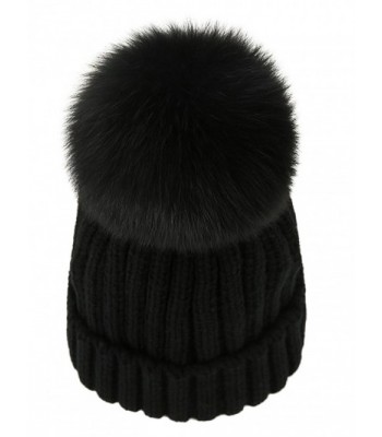 LITHER Women Winter Warm Real Large Fox Fur Pom Pom Beanie Winter Hats - Black - CH12NRE5IUH