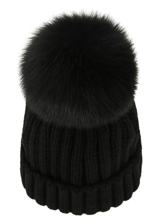 LITHER Women Winter Warm Real Large Fox Fur Pom Pom Beanie Winter Hats - Black - CH12NRE5IUH