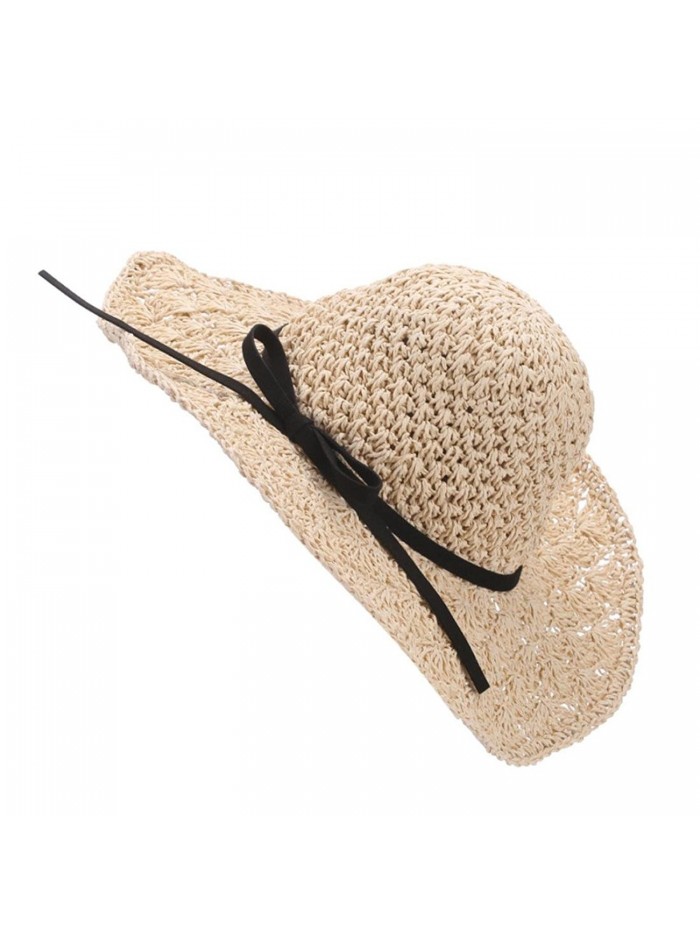 Beach Sun Hat- METFIT Women Fashion Foldable UV Bowknot Large Brim Summer Straw West Cowboy - Beige - CA17YLG8H20