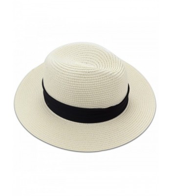 Medium Floppy Wide Brim Women's Summer Sun Beach Straw Hat with Black Striped Band - Ivory - C4121VSHPVN