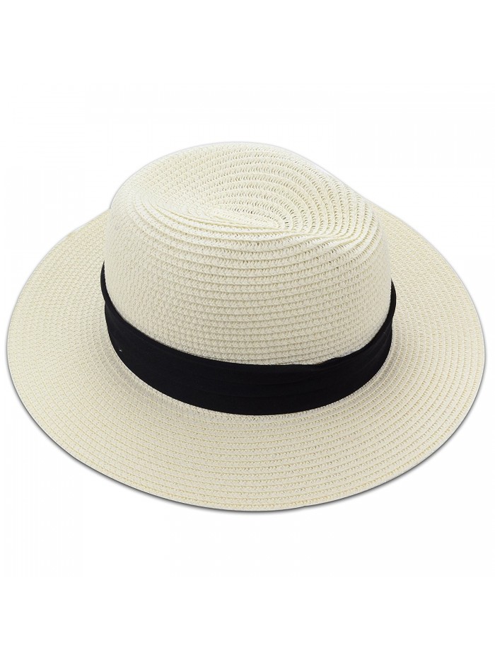 Medium Floppy Wide Brim Women's Summer Sun Beach Straw Hat with Black Striped Band - Ivory - C4121VSHPVN