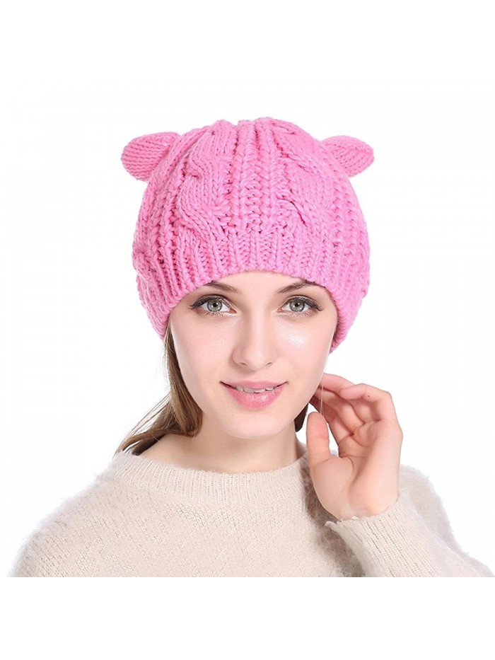 Women Warm Knitted Wool Hats- WuyiMC Girls Cute Cat Ear Beanie Fashion Ski Cap - Pink - CQ188O80XYO