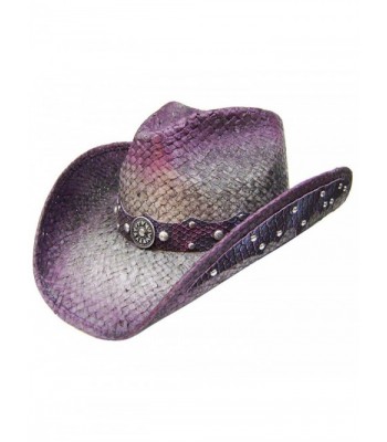 Modestone Straw Cowboy Hat Leather-Like Appliques Purple - CS182E3LUSW