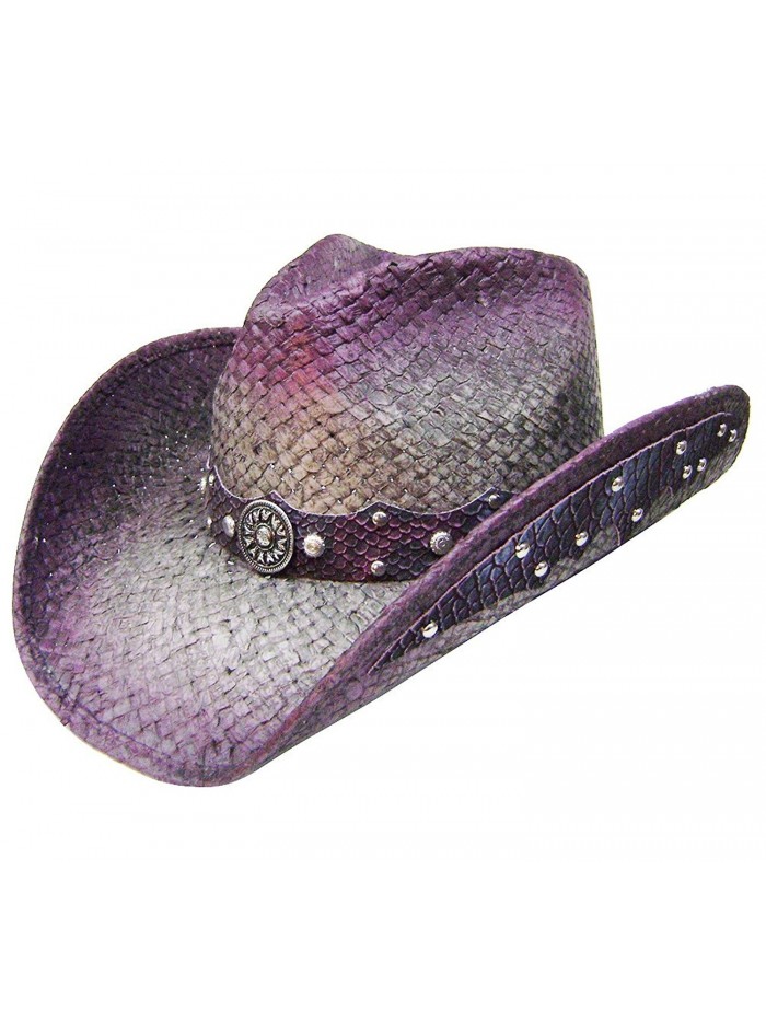 Modestone Straw Cowboy Hat Leather-Like Appliques Purple - CS182E3LUSW