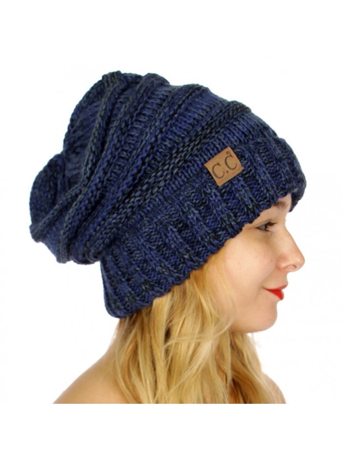 SERENITA C.C Tricolor Warm Oversized Slouchy Soft Cable Knit Beanie Hat - Navy - CK186GA6NCQ