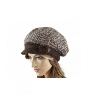 LA-EL COUTURE Womens Elegant Knitted decorated with some natural furBeret with visor warm - Brown - CB12CNXEB67