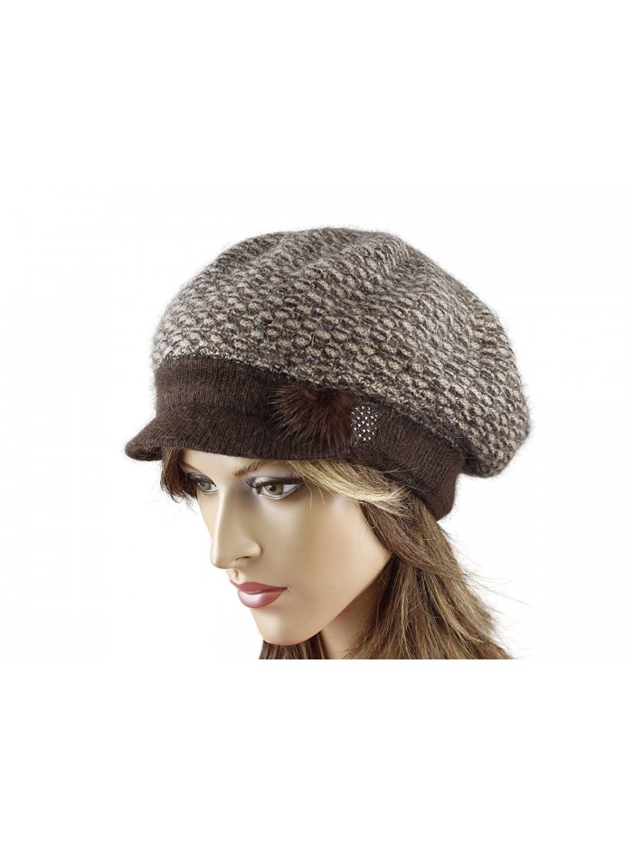 LA-EL COUTURE Womens Elegant Knitted decorated with some natural furBeret with visor warm - Brown - CB12CNXEB67