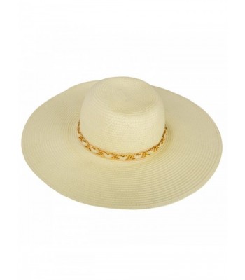 Aerusi Paper Straw Large Wide Brim Floppy Caps Beach Sun Hat w/ Gold Chain Band - Beige - CY17YY8W3AS