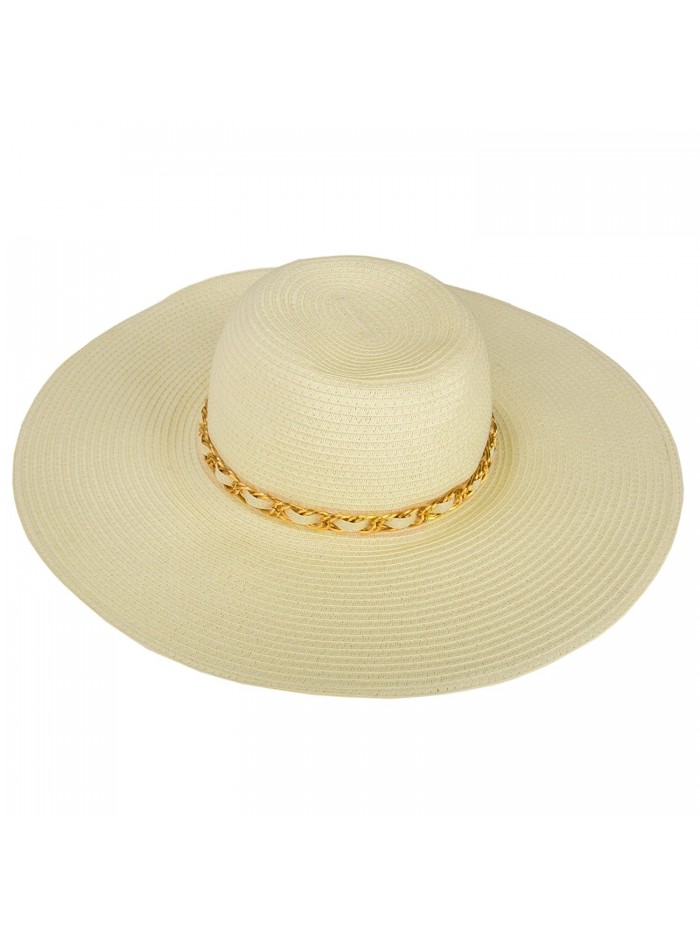 Aerusi Paper Straw Large Wide Brim Floppy Caps Beach Sun Hat w/ Gold Chain Band - Beige - CY17YY8W3AS