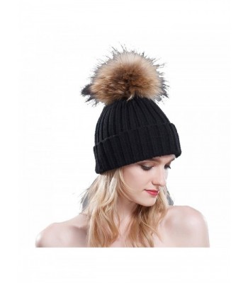 URSFUR Thermal Winter Fur Hat Fox Raccoon Fur Ball Female Knitted Hat Lovers Hat - Black & Raccoon Ball - CQ11OIWD28F
