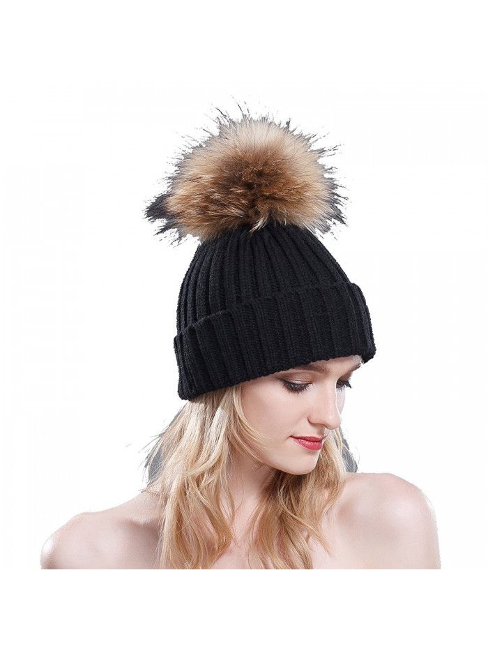 URSFUR Thermal Winter Fur Hat Fox Raccoon Fur Ball Female Knitted Hat Lovers Hat - Black & Raccoon Ball - CQ11OIWD28F