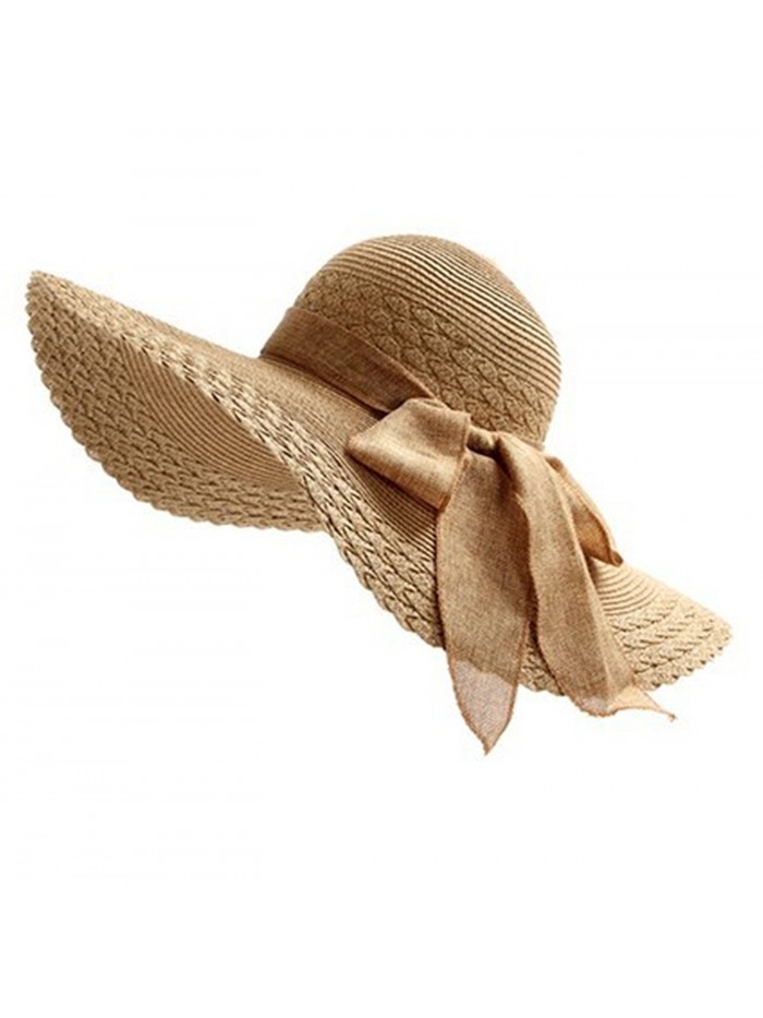 Ladies Bold Cursive Sunhat Foldable Floppy Summer Outdoor Hat Beach Cap Sun Visor with Big Bow - Coffee - CQ182H6Y3CD