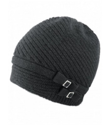 Dahlia Women's Angora Beanie Hat Rhinestone Square Double Bow Dual Layer - Black - CK128CZJFWF