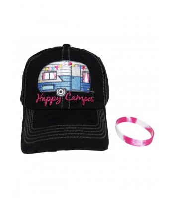 Embroidered Happy Camper Vintage Style Baseball Cap +FREE BRACELET - Black - CP12MZCLAFN