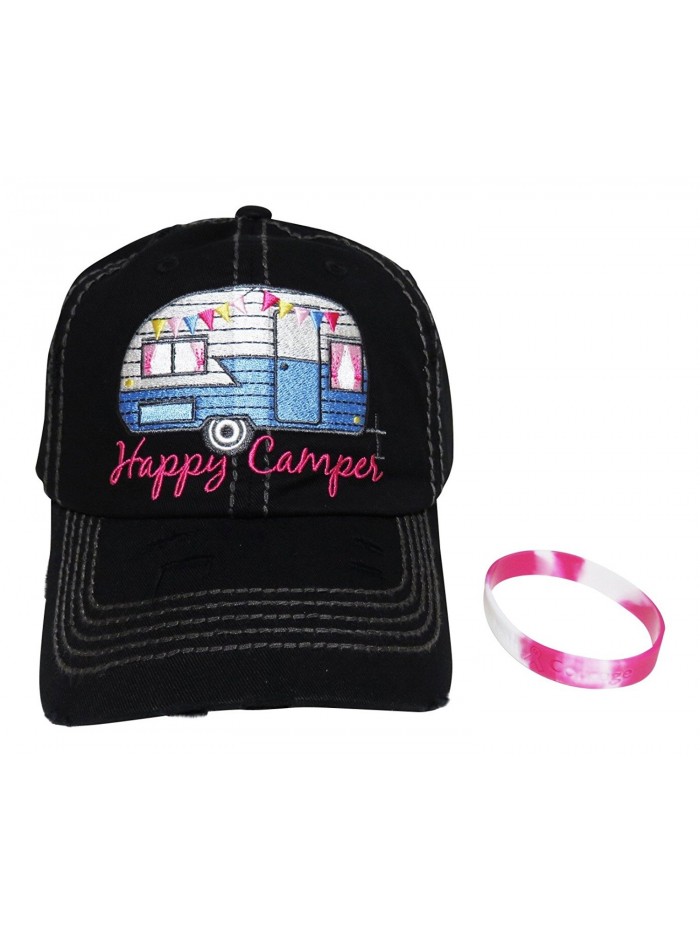 Embroidered Happy Camper Vintage Style Baseball Cap +FREE BRACELET - Black - CP12MZCLAFN