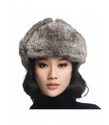 URSFUR Rabbit Fur Aviator Hat Women Black Leather Winter Bomber Cap Russian - Black With Grey Rabbit Fur - CC120I2O0LV