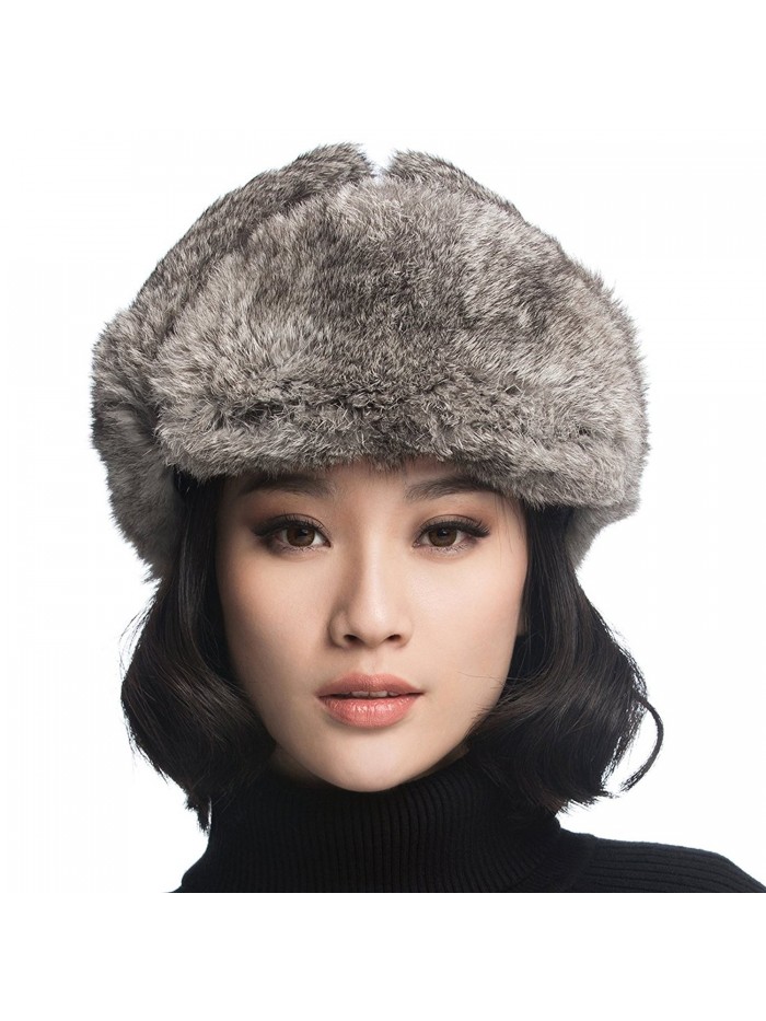 URSFUR Rabbit Fur Aviator Hat Women Black Leather Winter Bomber Cap Russian - Black With Grey Rabbit Fur - CC120I2O0LV