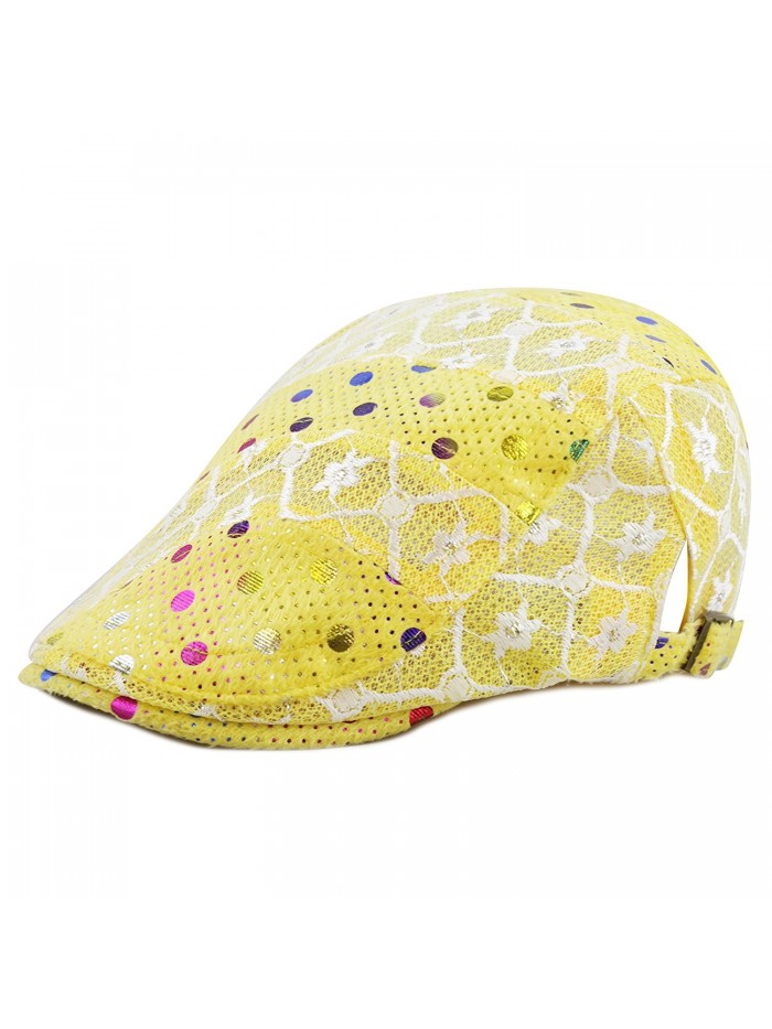 The Hat Depot New Cool Lace Mesh Colorful Polka Dot Newsboy Ivy Trendy Hat - Yellow - CF12EF8Y45L