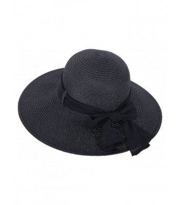 Straw Hat Women's Wide Brim Summer Beach Sun Hat w/ Bowtie Ribbon - Black - C21824Z6TAR