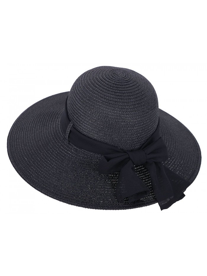 Straw Hat Women's Wide Brim Summer Beach Sun Hat w/ Bowtie Ribbon - Black - C21824Z6TAR