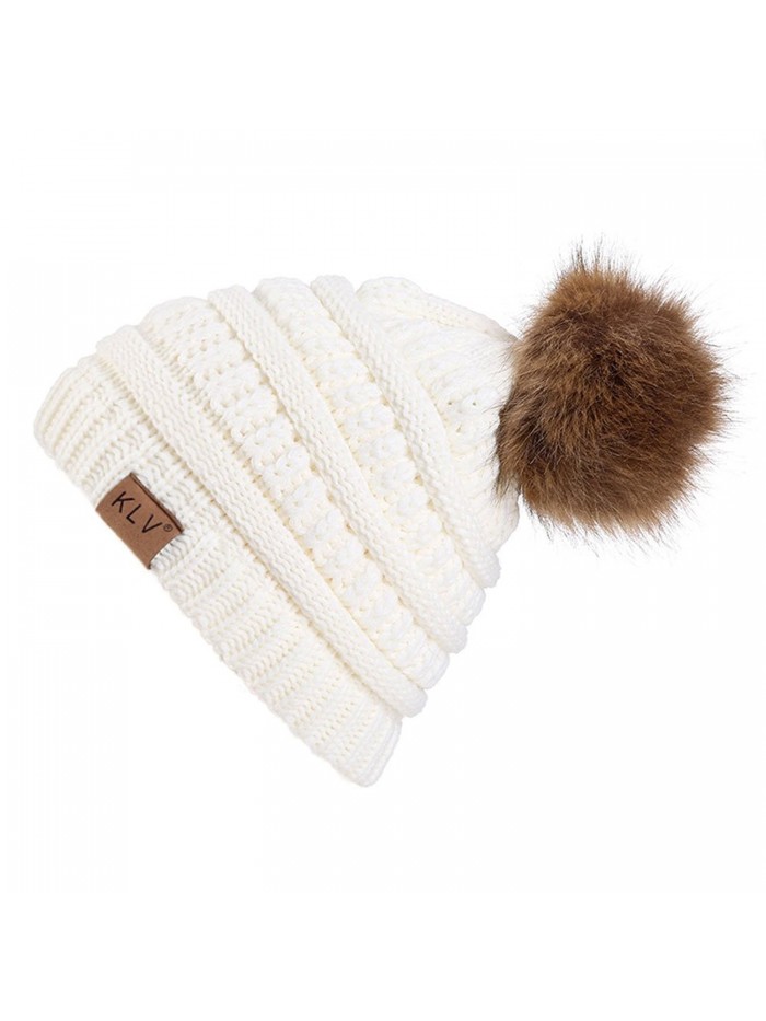 Sanxin Winter Adult Unisex Knitted Winter Warm Large Faux Fur Beanie Bobble Pom Ski Snow Hats - White - C6187K92R48