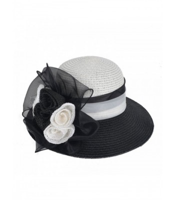 Women's Straw Cloche Hat Ribbon Flower Bucket Bridal Church Derby Cap - Black - CC12LT2WERV