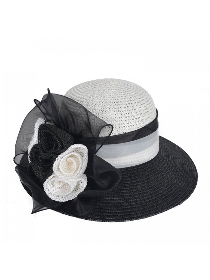 Women's Straw Cloche Hat Ribbon Flower Bucket Bridal Church Derby Cap - Black - CC12LT2WERV