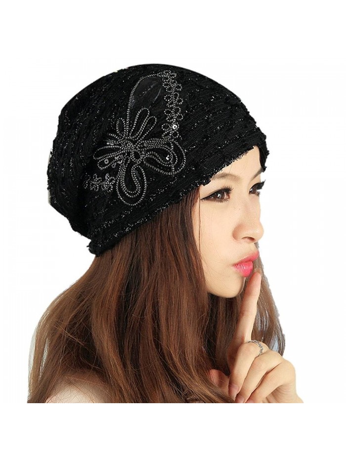 DEESEE Beanie Hat Winter hat Lace Butterfly Lady Skullies Turban Cap - Black - CY12N1J0KE3