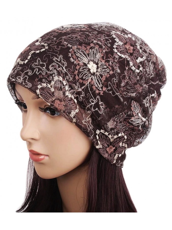 Qunson Lace Beanie Hat Cap Turban For Women - Coffee - CW124Z6GKRX