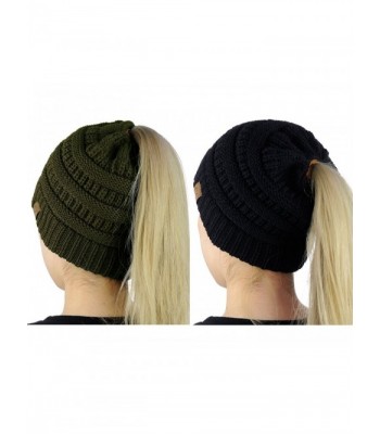 C.C BeanieTail Soft Stretch Cable Knit Messy High Bun Ponytail Beanie Hat- 2 Pack - Black/Dark Olive - CH18862XTQY
