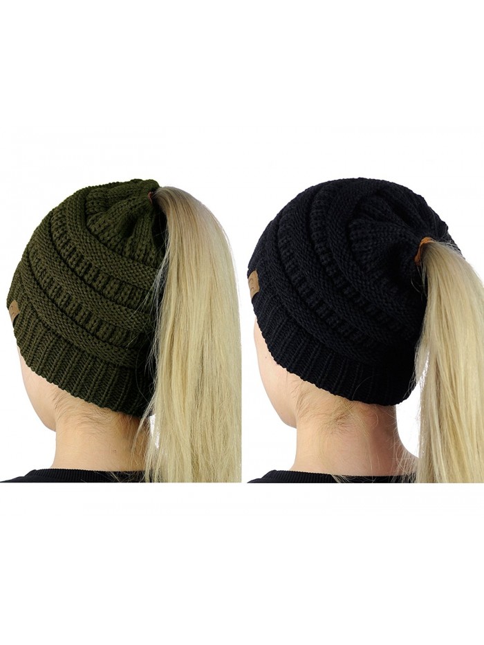 C.C BeanieTail Soft Stretch Cable Knit Messy High Bun Ponytail Beanie Hat- 2 Pack - Black/Dark Olive - CH18862XTQY