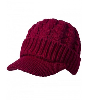 Sierry Cable Knit Hat- Warm Knit Beanie Winter Caps With Visor Brim - Burgundy - CN185L3XAHK