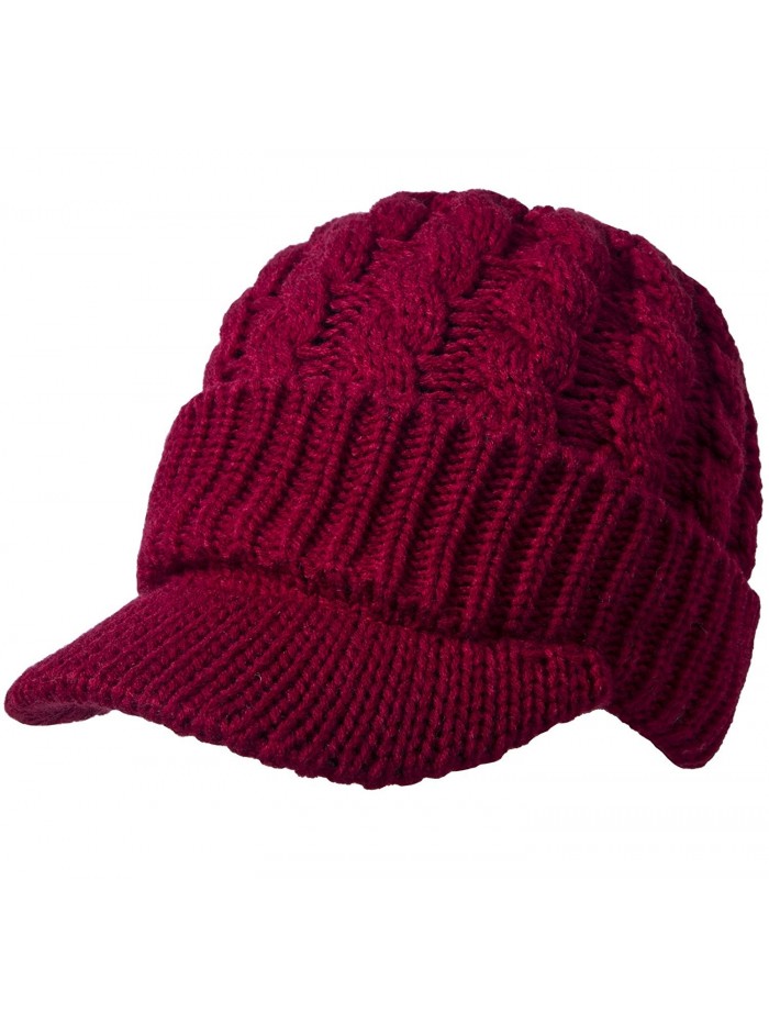 Sierry Cable Knit Hat- Warm Knit Beanie Winter Caps With Visor Brim - Burgundy - CN185L3XAHK