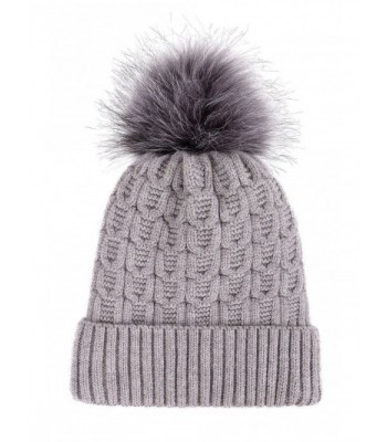 LRKC Women Winter Faux Fur Pompom Knit Sherpa Lined Beanie Hat - Grey Beanie With Fur Pom - C7188L7THQ4