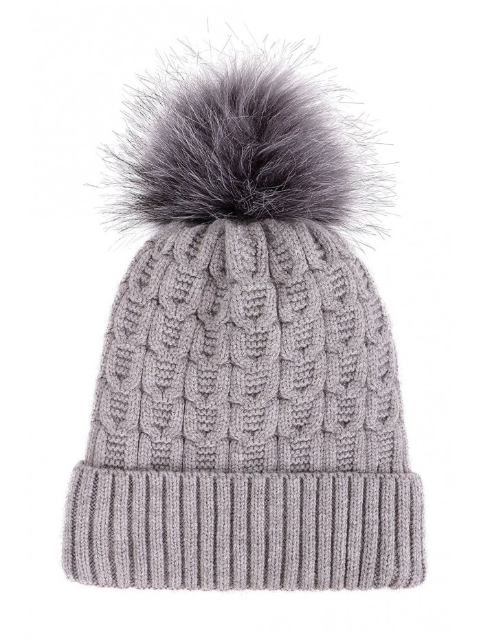 LRKC Women Winter Faux Fur Pompom Knit Sherpa Lined Beanie Hat - Grey Beanie With Fur Pom - C7188L7THQ4