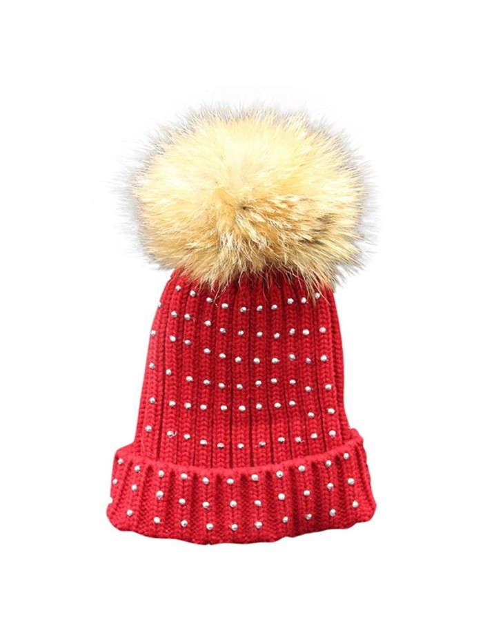 Binmer(TM) Bling Women Winter Crochet Hat Fur Knitted Wool Beanie Warm Cap - Wine Red - CC12N123SAD