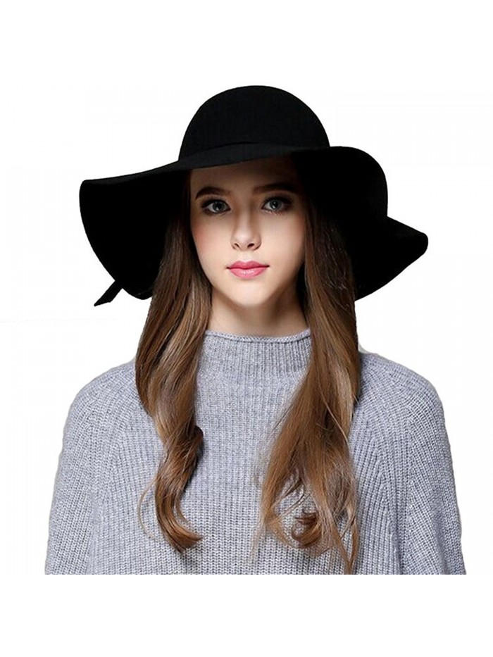 ZZCC Women's Foldable Wide Brim Beach Retro Fedora Floopy Wool Felt Hat - Black - CY187QGHIX0