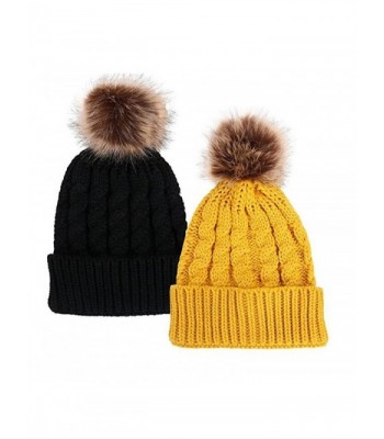 Women Fashion Faux Fur Pom Pom Wool Knit Beanie Skully Hat Cap - Black-Yellow - CE12NSYUJFK