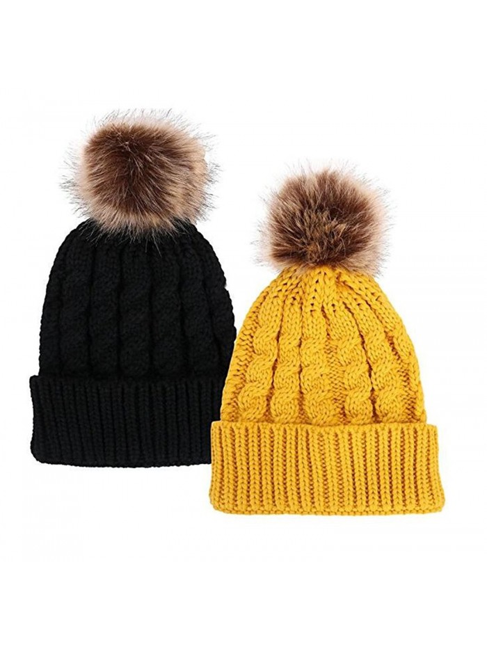 Women Fashion Faux Fur Pom Pom Wool Knit Beanie Skully Hat Cap - Black-Yellow - CE12NSYUJFK