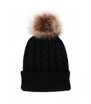 Women Fashion Faux Fur Pom Pom Wool Knit Beanie Skully Hat Cap - Black ...