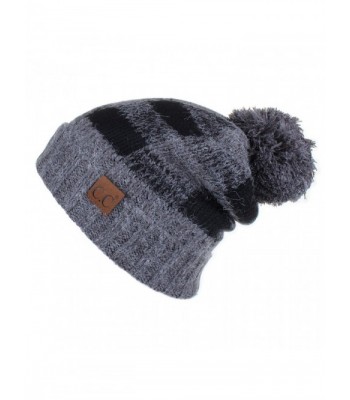 Hatsandscarf CC Buffalo Check Pattern Fuzzy Lined Knit Pom Beanie Hat (HAT-55) - Dk.mel Grey/Black - CE189O7WESM