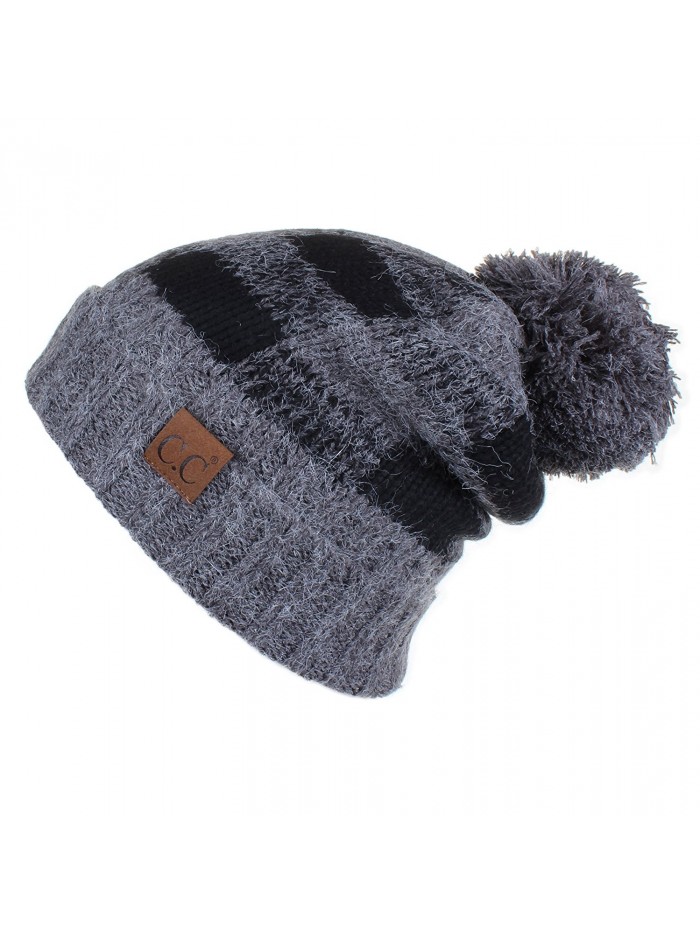 Hatsandscarf CC Buffalo Check Pattern Fuzzy Lined Knit Pom Beanie Hat (HAT-55) - Dk.mel Grey/Black - CE189O7WESM