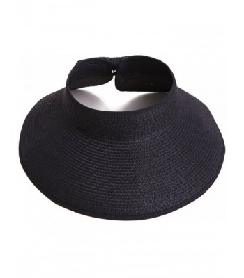 Women's Summer Wide Brim Roll-Up Straw Sun Visor Hat - Black - CH17Z35O4LZ