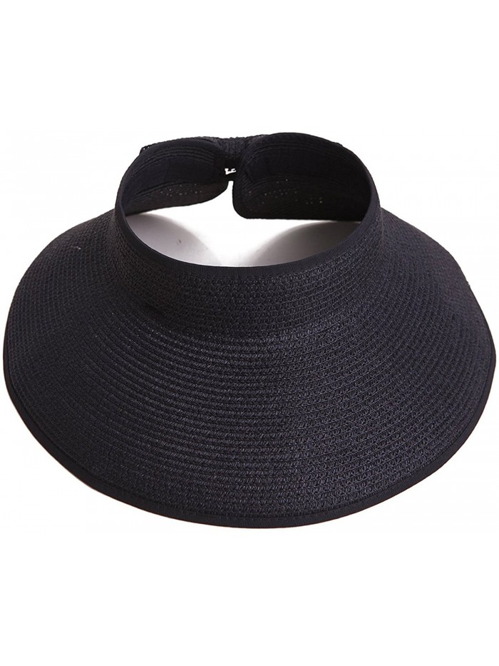 Women's Summer Wide Brim Roll-Up Straw Sun Visor Hat - Black - CH17Z35O4LZ