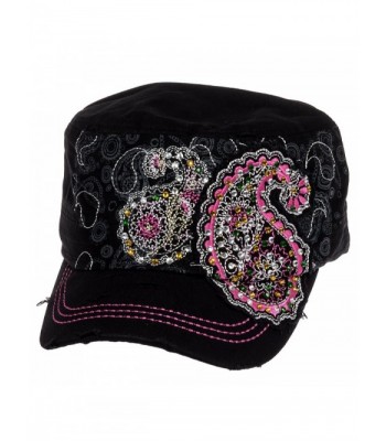 Crystal Case Womens Cotton Rhinestone Paisley Cadet Cap Hat - Black - CN11OHXPY1D