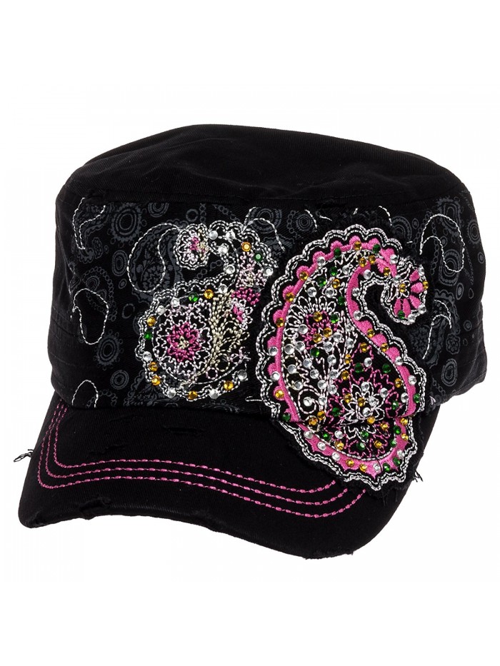 Crystal Case Womens Cotton Rhinestone Paisley Cadet Cap Hat - Black - CN11OHXPY1D