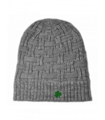 Acrylic Basket Weave Beanie Hat Grey Colour With Green Embroidered Shamrock - C111ADDDCMN