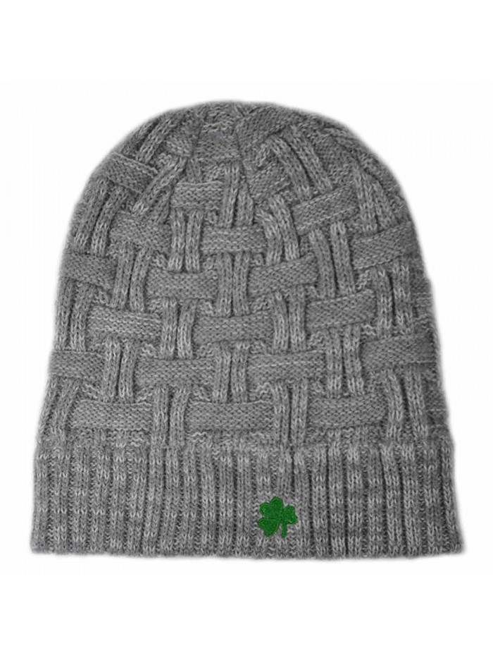 Acrylic Basket Weave Beanie Hat Grey Colour With Green Embroidered Shamrock - C111ADDDCMN