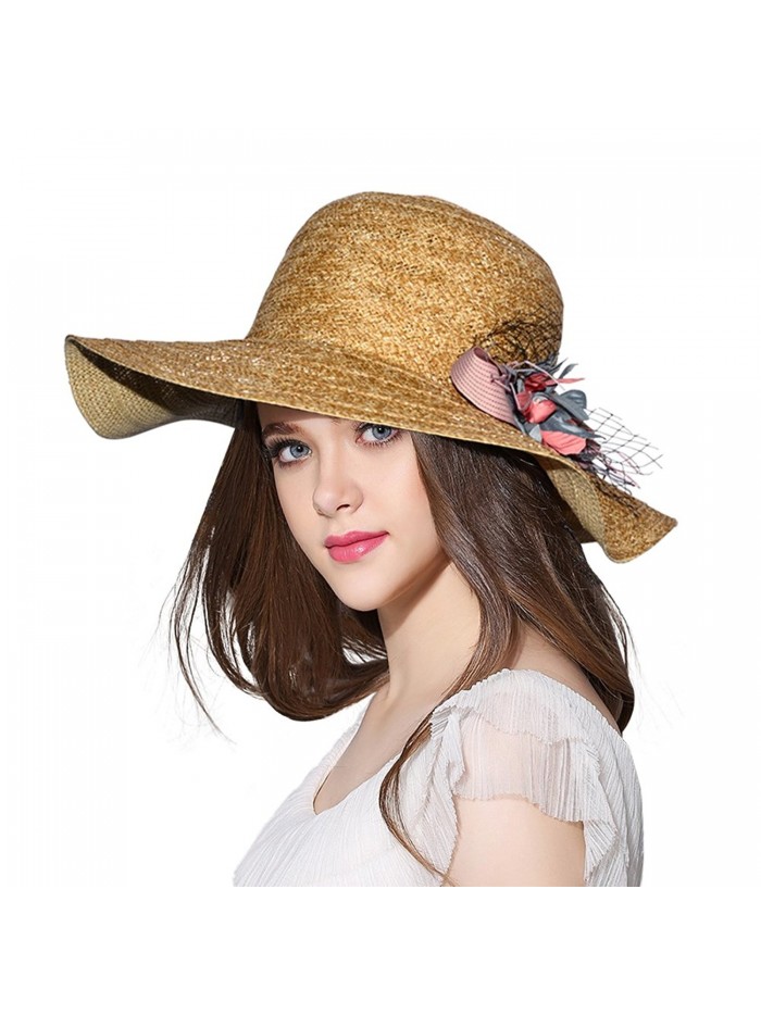 AOMUU Womens Reversible Straw Sun Hat Summer Outdoor Wide Brim Floppy Foldable Beach Cap - Brown_straw Beach Hat - CT183R5T5T0